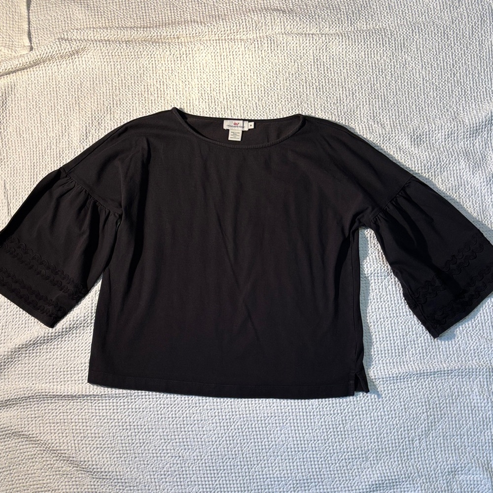 Vineyard Vines Black 3/4 Bell Sleeve Top, Rick Rack Design, size Medium, NWOT